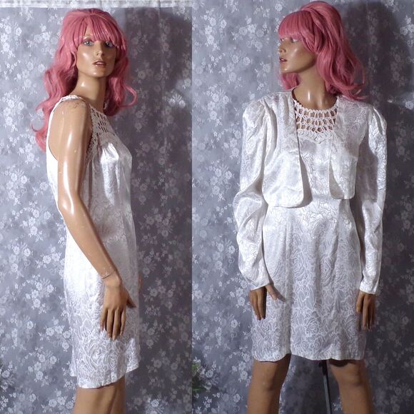 Vintage 90s Dress 1990s White Floral Vegas Wedding Engagement Size Small S/M - Picture 1 of 8